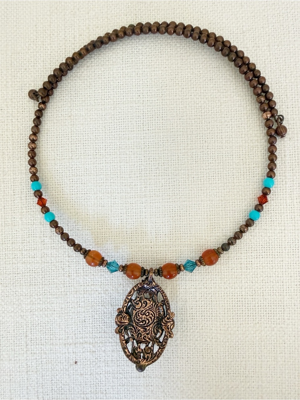 Vintage 90s Western Bohemian Choker Antique Bronze Turquoise & Amber Bead - Picture 7 of 9